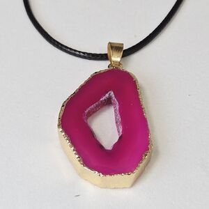 Fuchsia Pink Druzy Agate Teardrop Necklace Geode Slice Gold Edge Pendant Bold